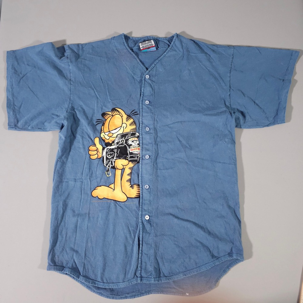 Garment Graphics Baseball Jersey Mens Large Blue Garfield Biker Graphic Vintage